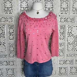 Talbots Silk Blend Pink Sequin Fairy Core 3/4 Sleeve Coquette Ribbed Blouse Sz M